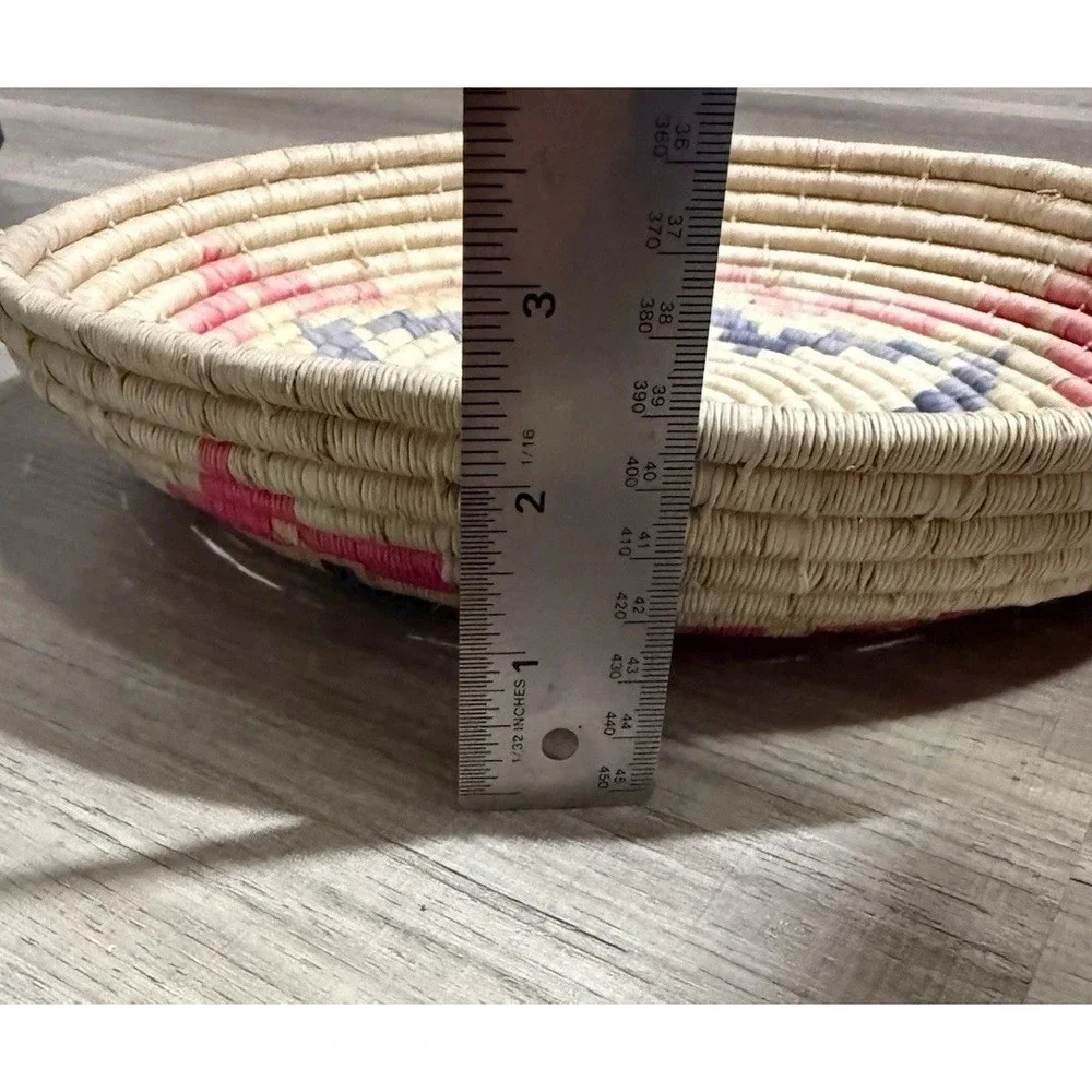 Handmade Woven African Coiled Basket Wall Decor Pink Blue Star Petal Boho